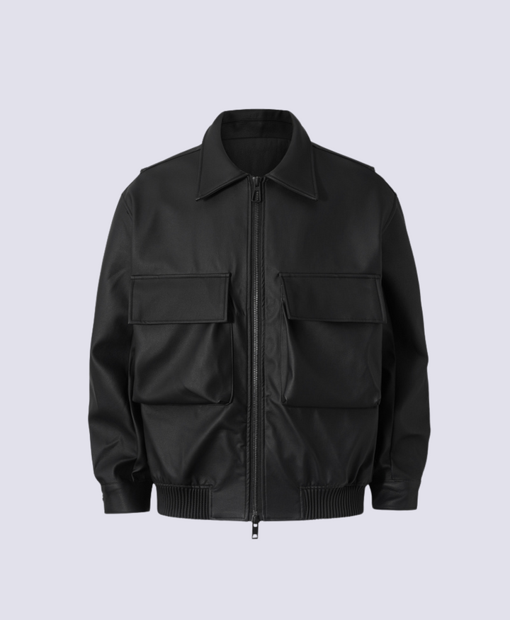 BLACK LEATHER DOUBLE POCKET JACKET